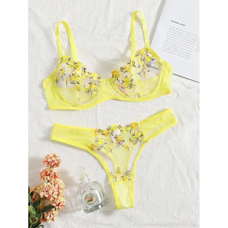 Lingerie Sexy Floral Embroidery Underwear Transparent Lace Short Skin Care Kits Delicate Fairy Set Woman 2 Pieces