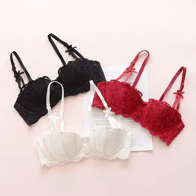 Women Bra French Small Chest Gathering Underwear Half Cup Thin with Steel Ring Brassiere Sexy Lace Solid Breathable Soft Lingeri