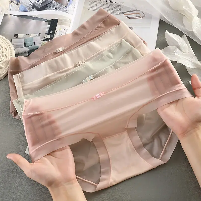 Ice Silk Panties for Women Sexy Transparent Briefs Seamless Breathable Middle Rise Underpants Comfort Soft Underwear Women