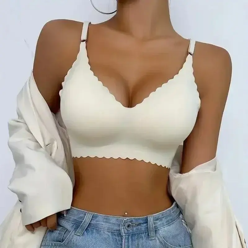 Women's Bras Ice Silk Seamless Ultra-Thin No Steel Ring Underwear with Chest Cushion Sexy Wave Deep V Gathering Underwear