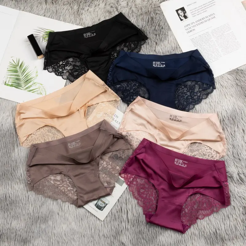 Women's Panties Ice Silk Mid Waist Seamless Underwear Sexy Lace Thin Breathable Comfortable Briefs Solid Cotton Crotch Underpant