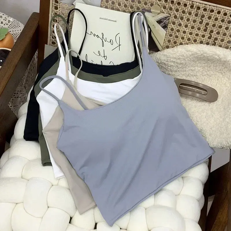 Women's Tanks Summer Ice Silk Seamless Tube Tops Fashion Solid color sling vest With chest cushion one-piece Women's Camisole