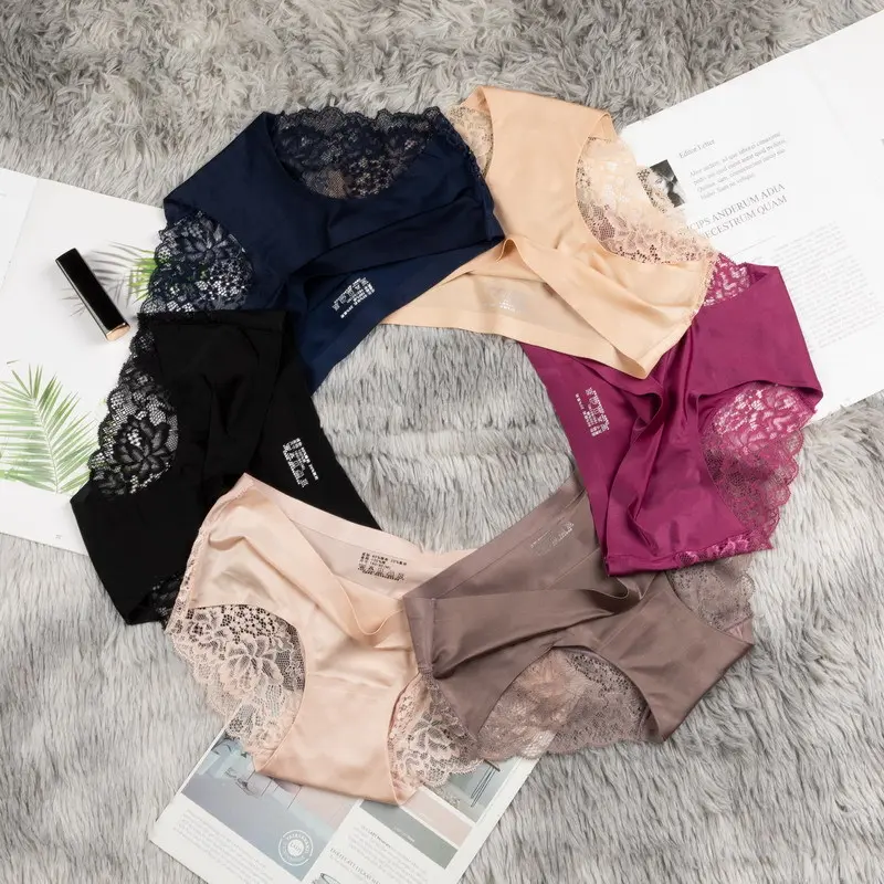 Women's Panties Ice Silk Mid Waist Seamless Underwear Sexy Lace Thin Breathable Comfortable Briefs Solid Cotton Crotch Underpant