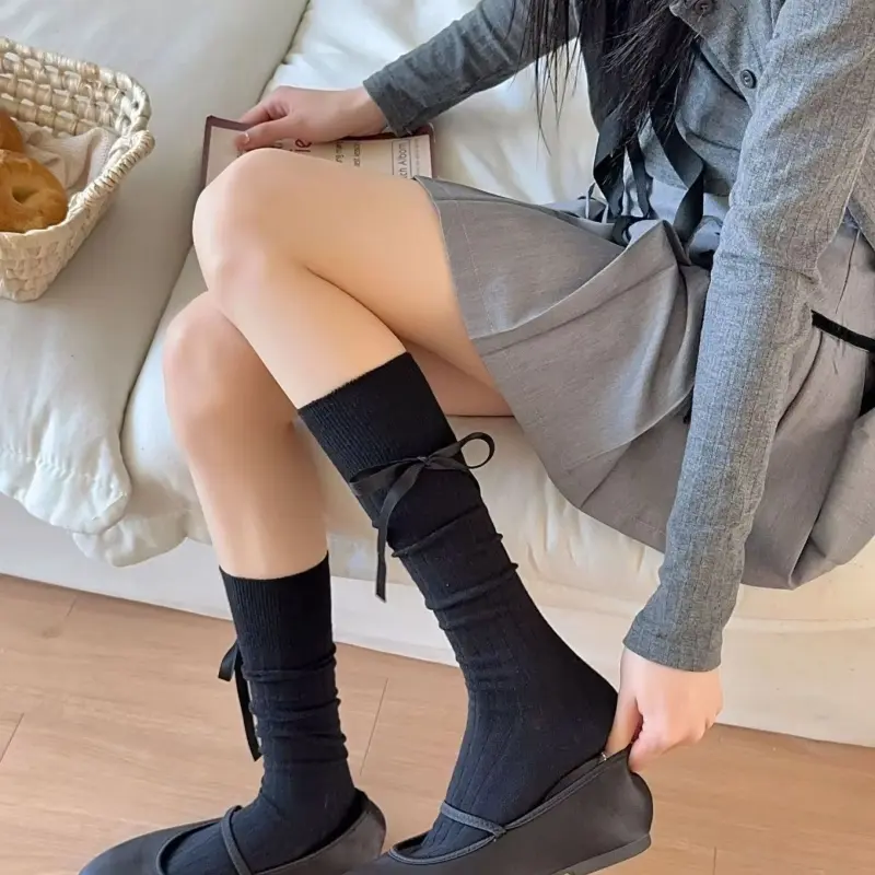 Solid Stockings Women Cotton Bow Cut Sweet Knee JK Lolita Student Long Sock Femme Brew Thin Soft Cute Ladies Stocking Striped