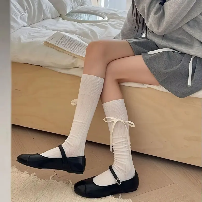 Solid Stockings Women Cotton Bow Cut Sweet Knee JK Lolita Student Long Sock Femme Brew Thin Soft Cute Ladies Stocking Striped