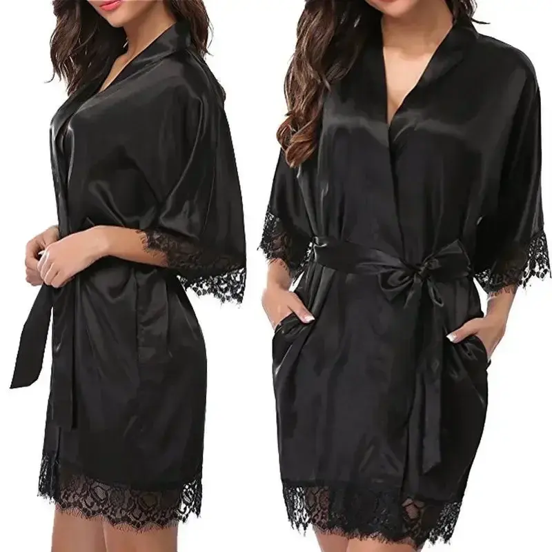 Sexy Women's Ice Silk Pajamas Sexy Lace Bathrobe Female Soft Comfortable Bathrobe Large Size Sleepwear V-Neck Bathrobe Pajamas