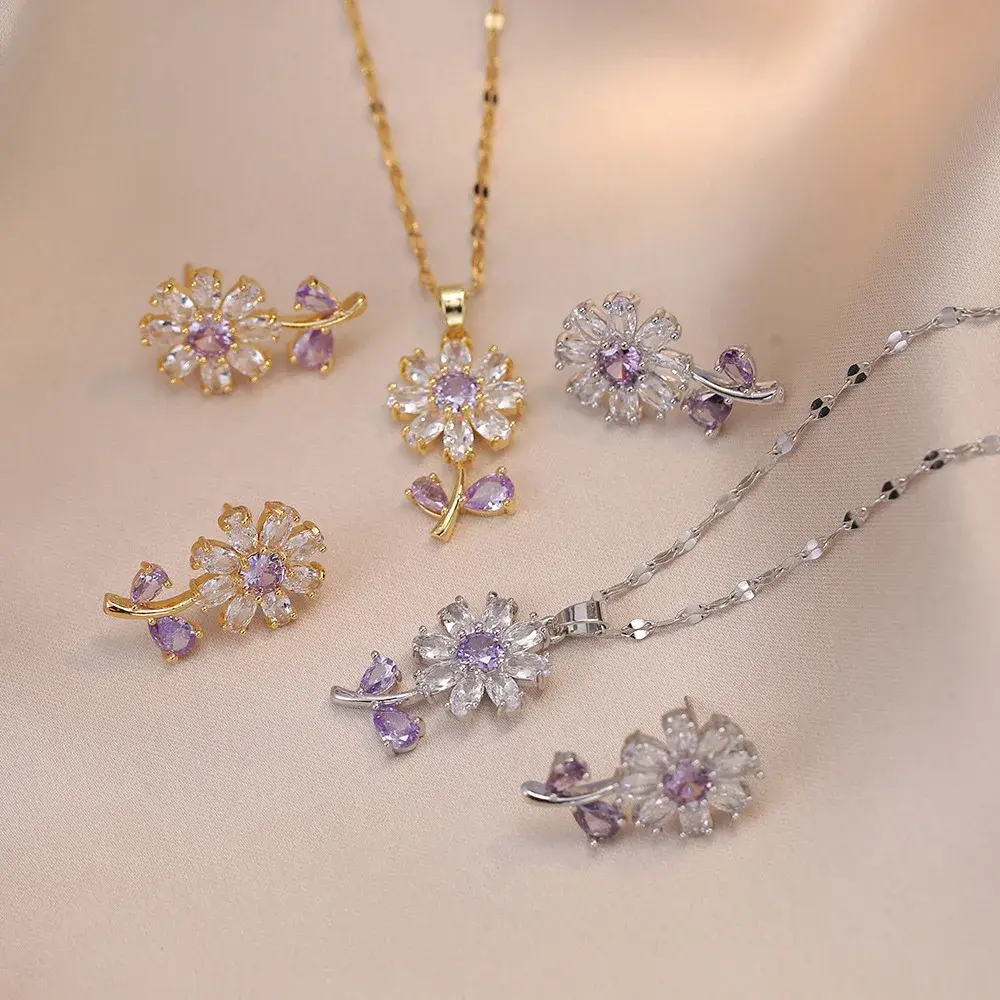Fashion Plant Pendant Necklace Earrings High Grade Zircon Flower Jewelry Sets Party Gifts For Women Girls