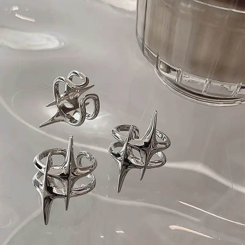 Vintage Irregular Cross Star Couple Ring for Women Men Punk Gothic Sliver Color Adjustable Rings Y2K Egirl Jewelry Gift