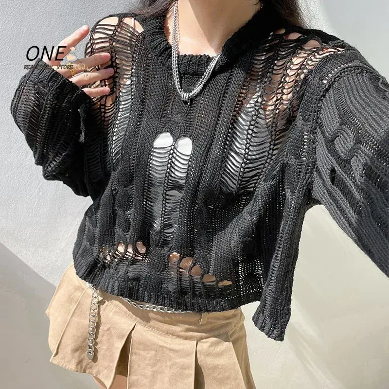 Perforated Hollow Out Knitted Blouse Sunscreen Long Sleeve Top Gothic Dark Black Sexy Thin Sweater Women's Summer Chic Crop Tops