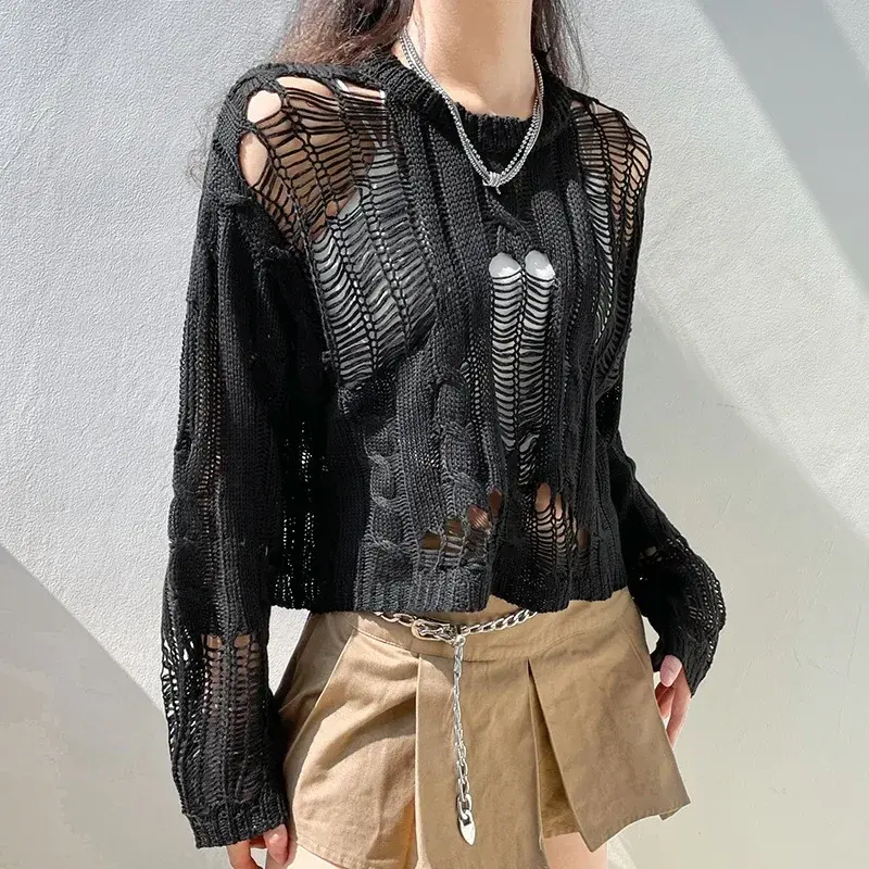 Perforated Hollow Out Knitted Blouse Sunscreen Long Sleeve Top Gothic Dark Black Sexy Thin Sweater Women's Summer Chic Crop Tops