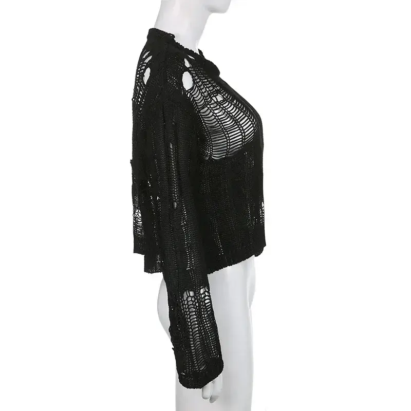 Perforated Hollow Out Knitted Blouse Sunscreen Long Sleeve Top Gothic Dark Black Sexy Thin Sweater Women's Summer Chic Crop Tops