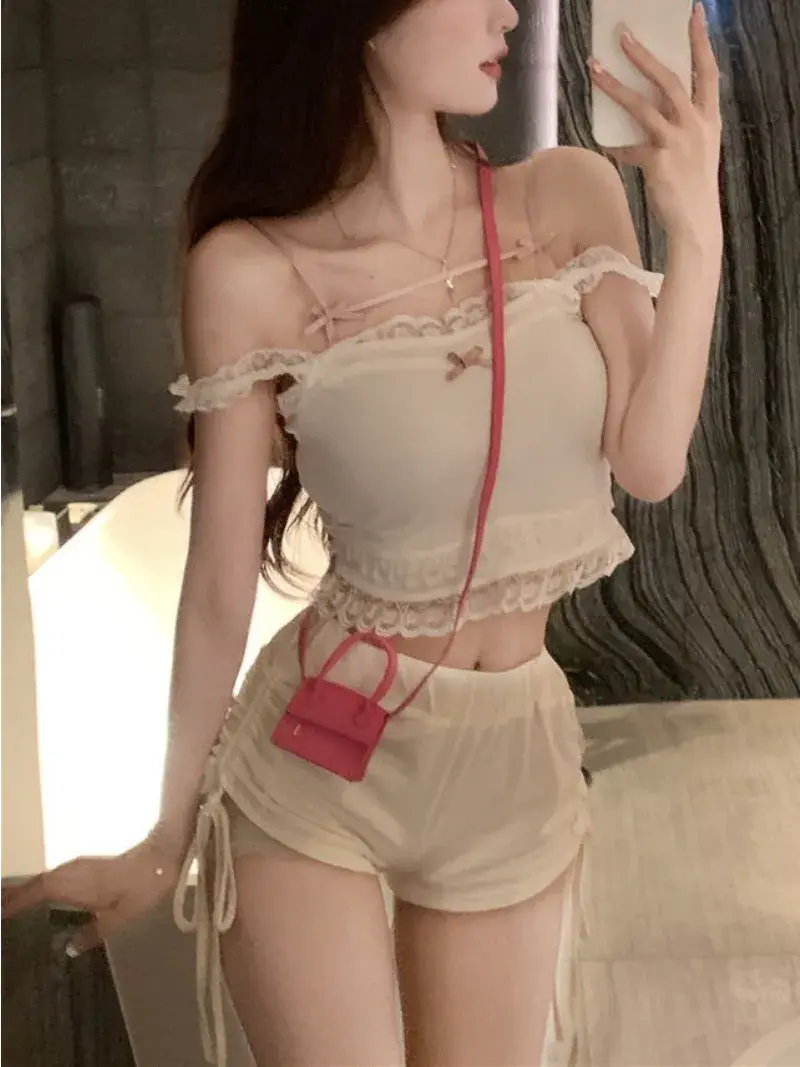 Pink Japanese Lolita Crop Top Women White Kpop Slim Korean College Sexy Tank Top Bow Lace Off Shoulder Camis Tanks Vset Female