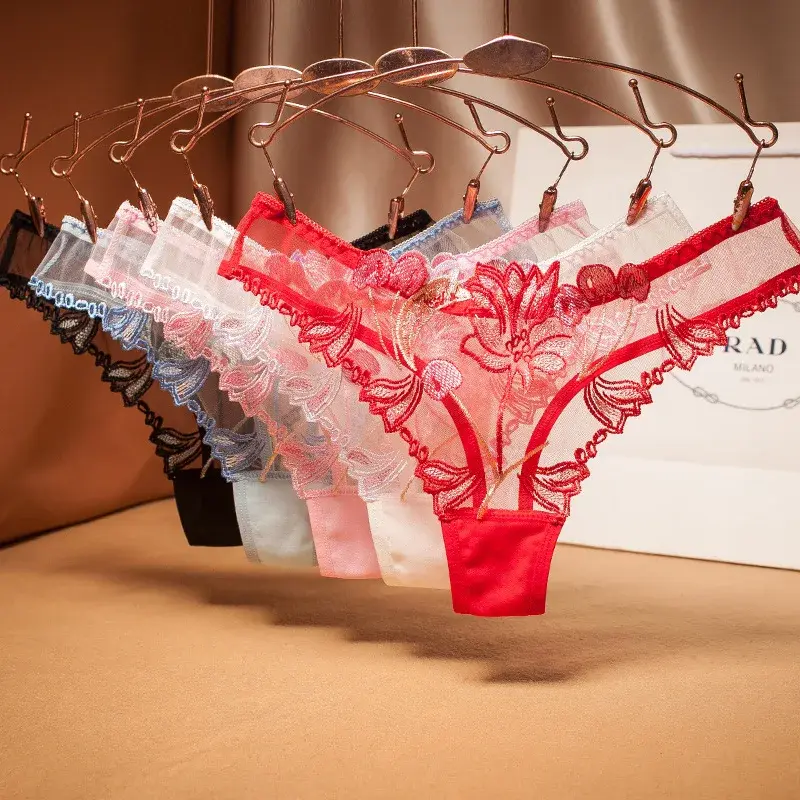 Sexy Lace Floral Thong Ladies Panties Embroidered Mesh Yarn Perspective Young Women Girls Underwear Hot T Pants G-String Thongs