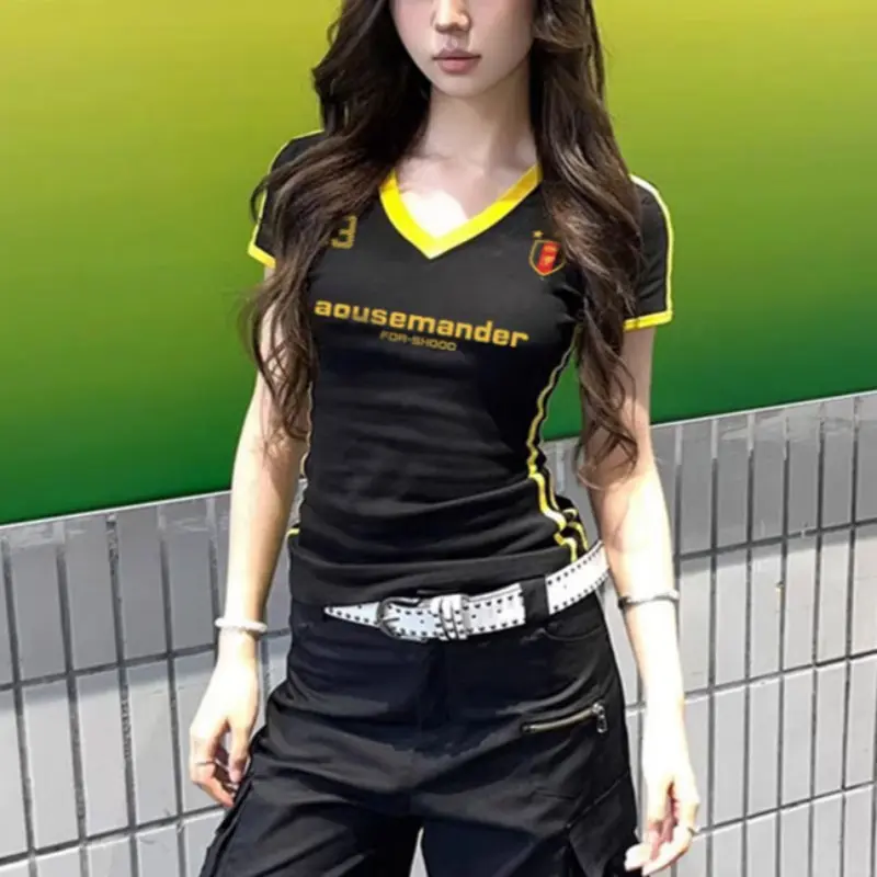 American Retro y2k Coquette Korean T Shirt Women Letter Print Kpop Streetwear Tees Tops Sport V-Neck T-Shirt Spice Slim Street