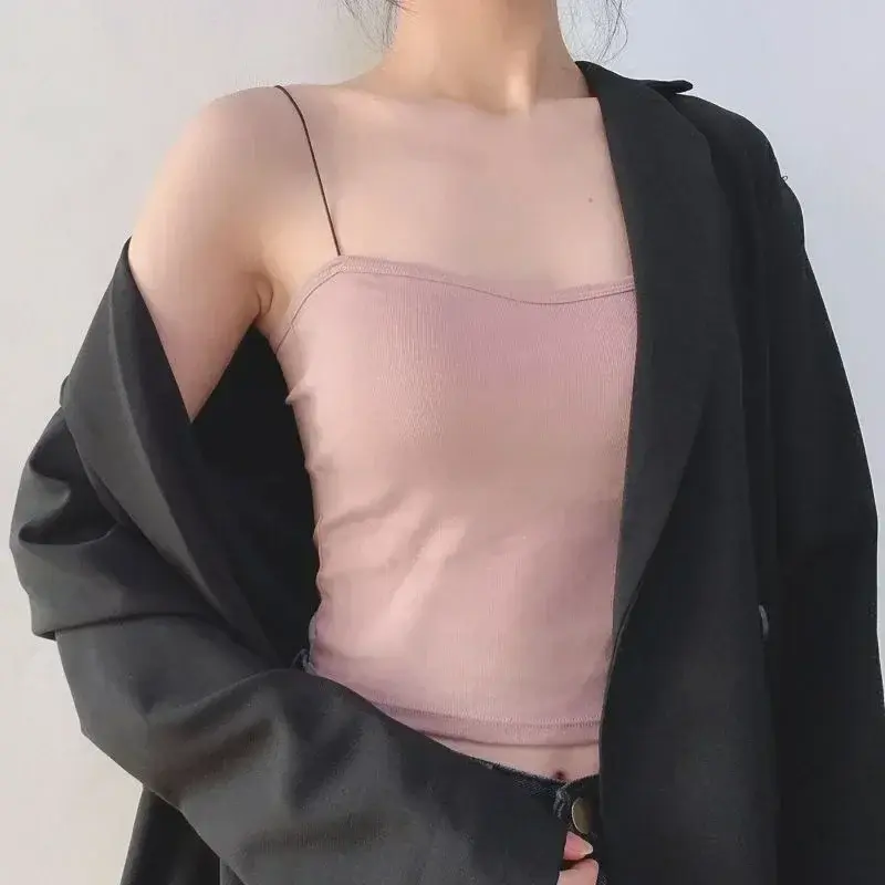 Women's Solid Sweet Camisole With Chest Pad Slimming Fit Fashion Yoga Sports Casual Versatile Cropped Top With Built In Bra