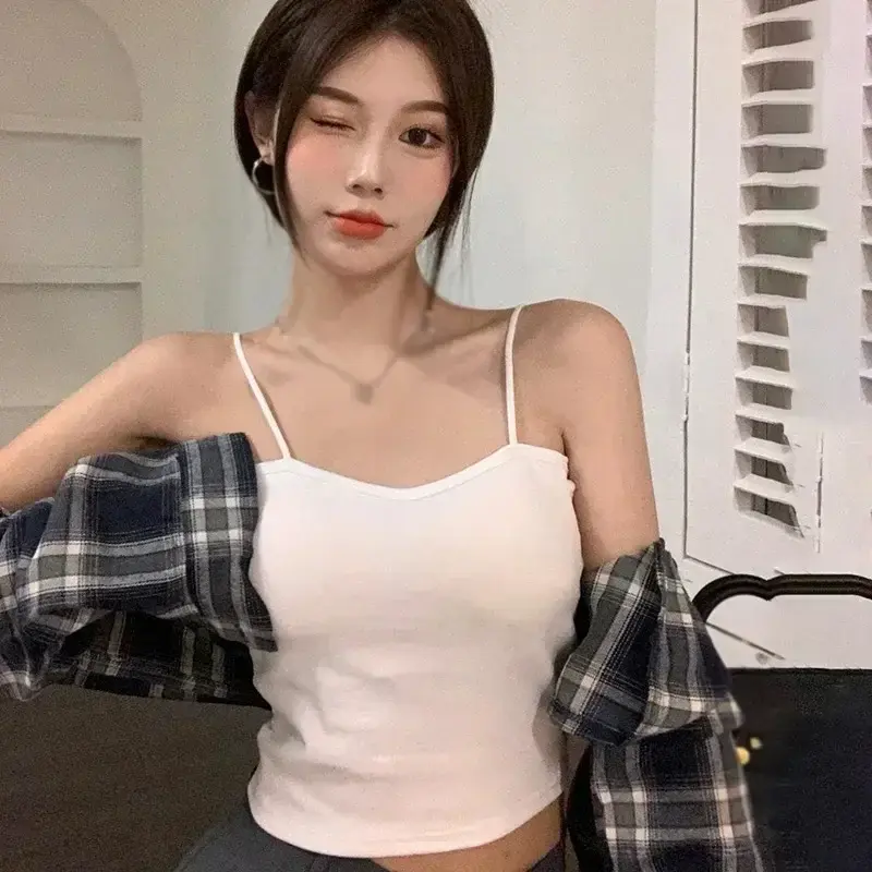 Women's Solid Sweet Camisole With Chest Pad Slimming Fit Fashion Yoga Sports Casual Versatile Cropped Top With Built In Bra