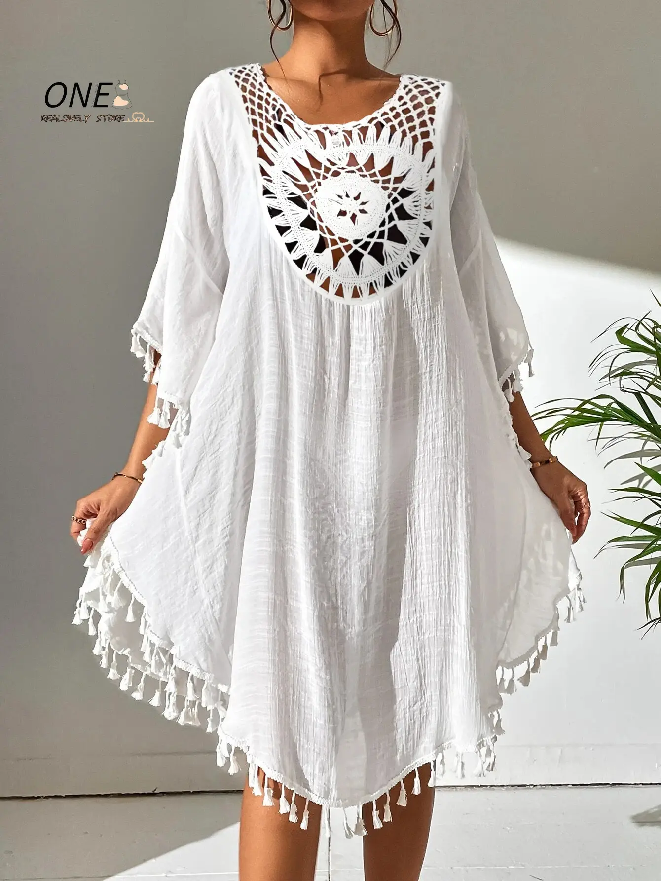 Women Off Shoulder Loose Beach Smock Casual Holiday Sexy Style  Cut Out Tassel  Beach Smock Women Summer Beach Smock