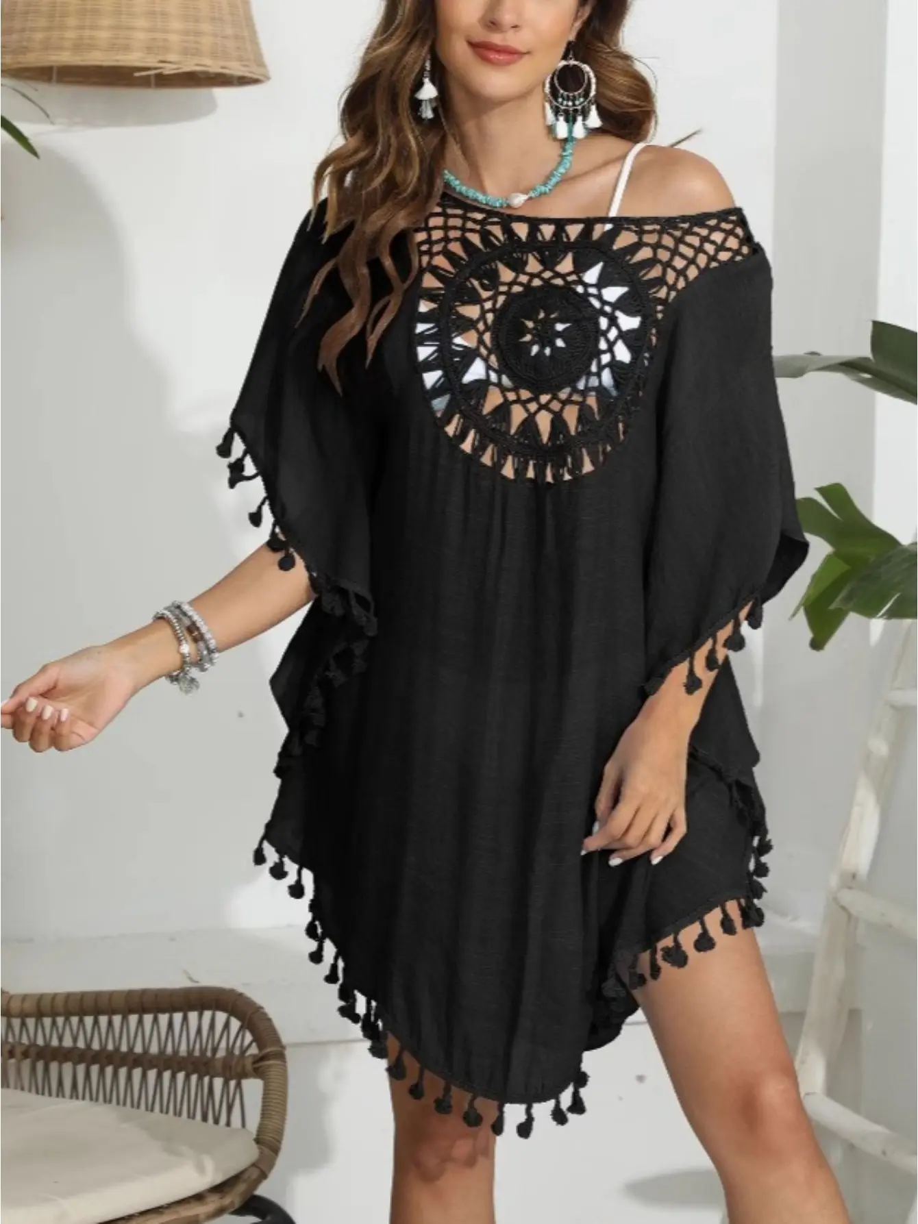 Women Off Shoulder Loose Beach Smock Casual Holiday Sexy Style  Cut Out Tassel  Beach Smock Women Summer Beach Smock