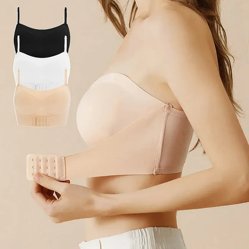 Women's Bras Wire Free Strapless Ultra-Thin Nylon Three Hook-and-eye Front Closure Anti-slip Strips No Chest Pad Gathered Bra