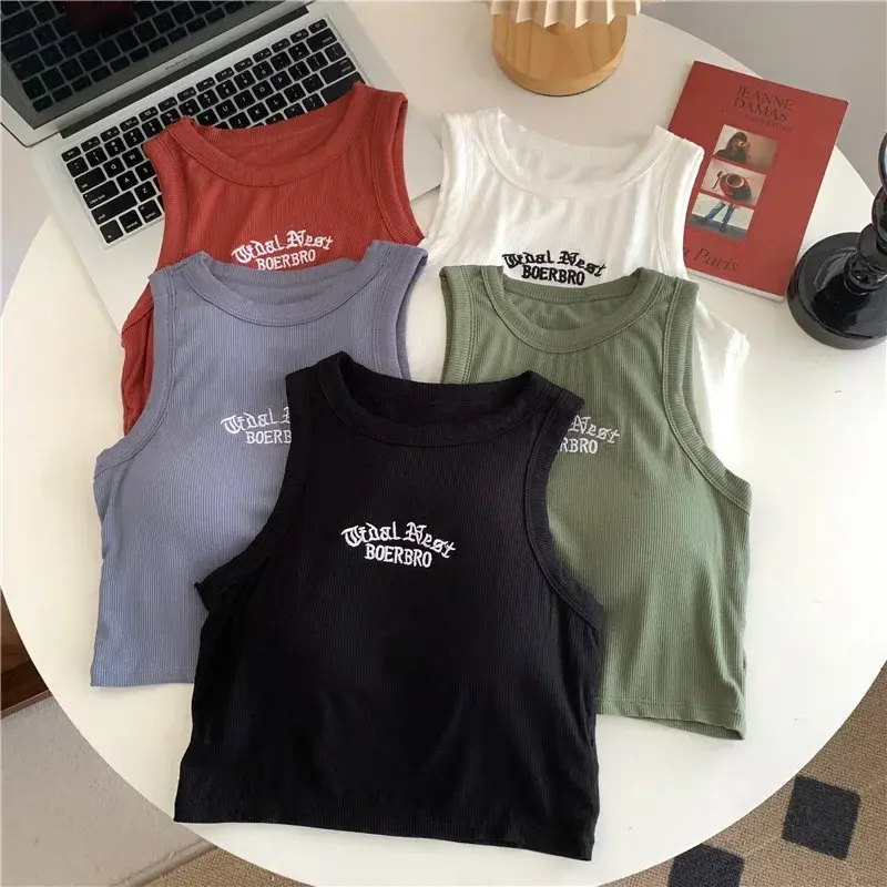 Women's Tank Top Ribbed Knitted Embroidery Letter Vest Female Summer Clothing Crop top White Black Casual Short Tight Sport Tops