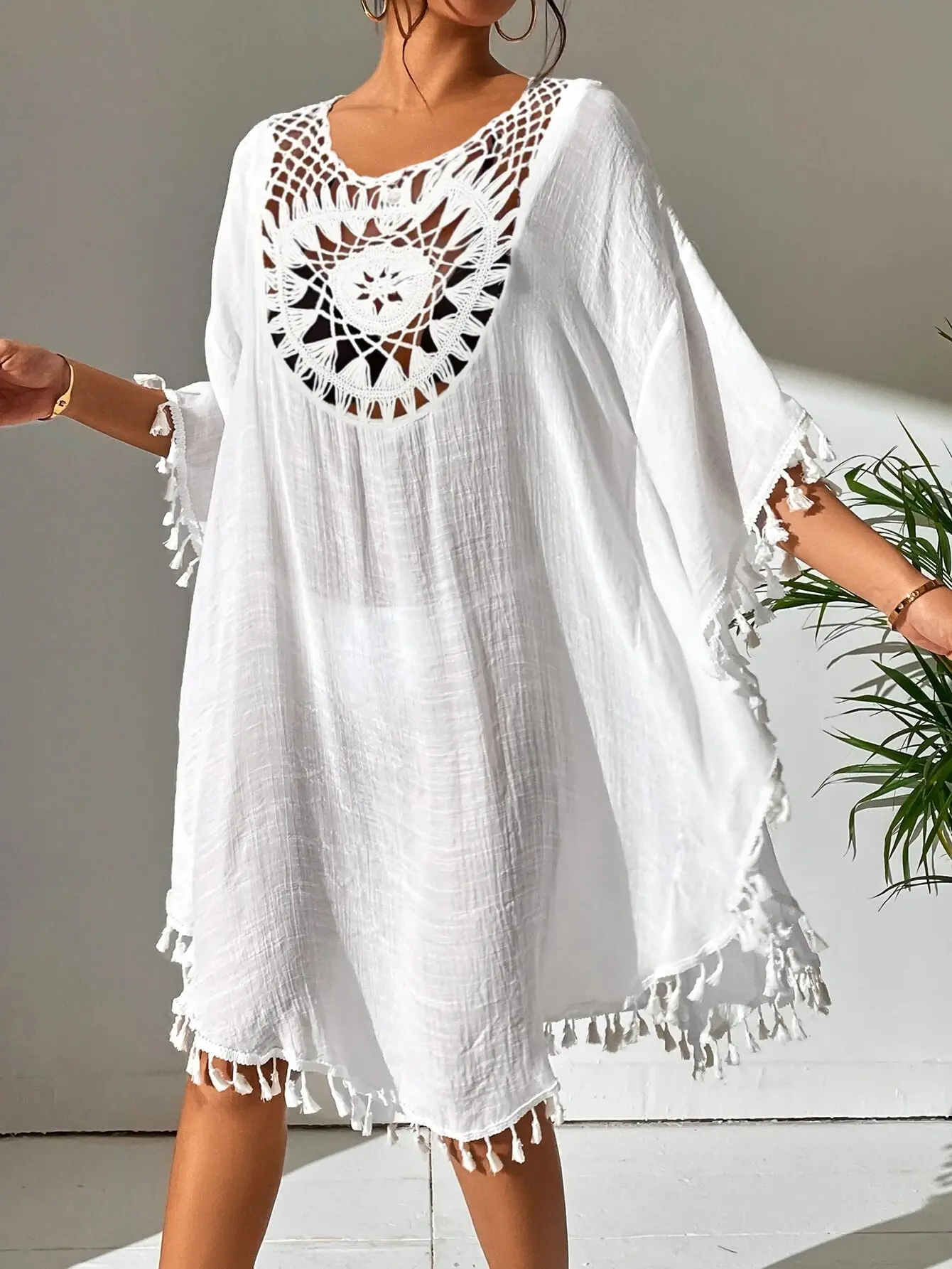 Women Off Shoulder Loose Beach Smock Casual Holiday Sexy Style  Cut Out Tassel  Beach Smock Women Summer Beach Smock