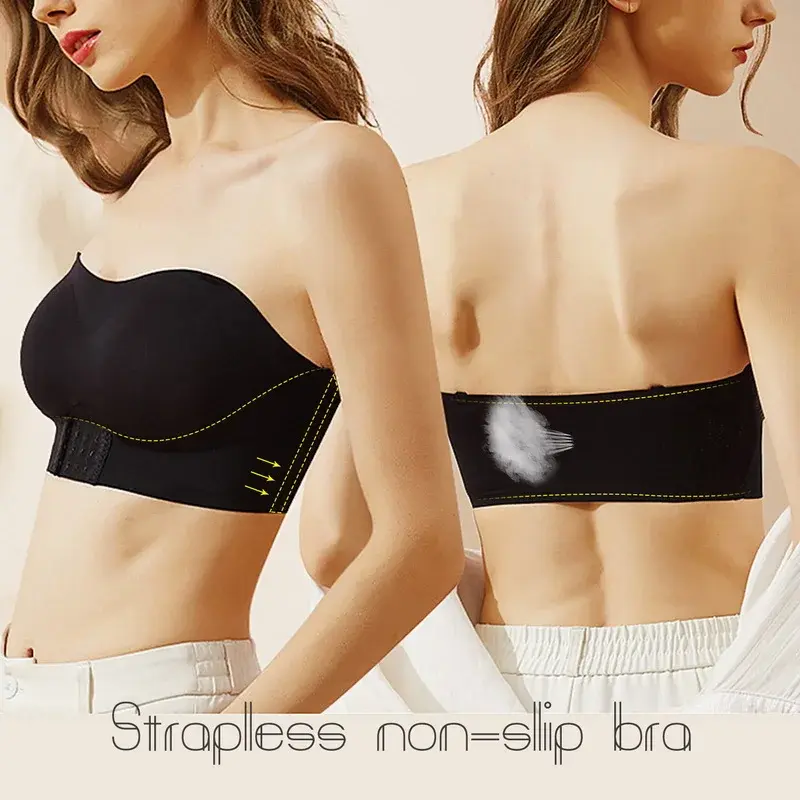 Women's Bras Wire Free Strapless Ultra-Thin Nylon Three Hook-and-eye Front Closure Anti-slip Strips No Chest Pad Gathered Bra