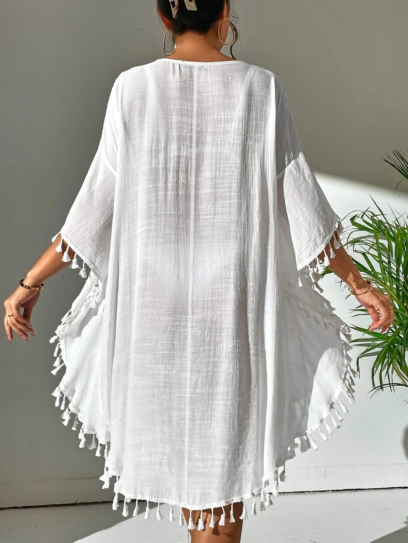 Women Off Shoulder Loose Beach Smock Casual Holiday Sexy Style  Cut Out Tassel  Beach Smock Women Summer Beach Smock