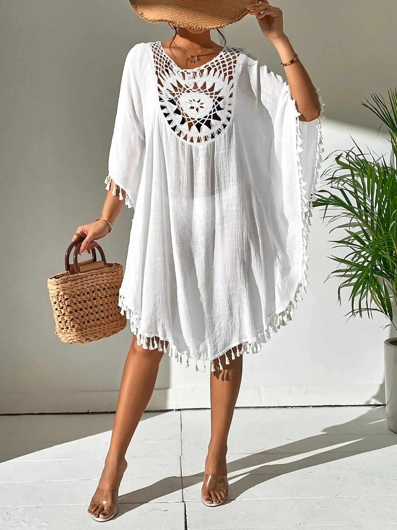 Women Off Shoulder Loose Beach Smock Casual Holiday Sexy Style  Cut Out Tassel  Beach Smock Women Summer Beach Smock