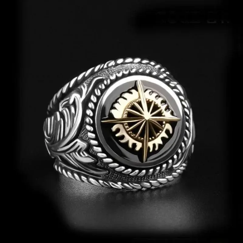 Stainless Steel Viking Cross Compass Runic Pirate Men's Ring HipHop Vintage Finger Accessories Nautical Fashion Boy Jewelry Gift