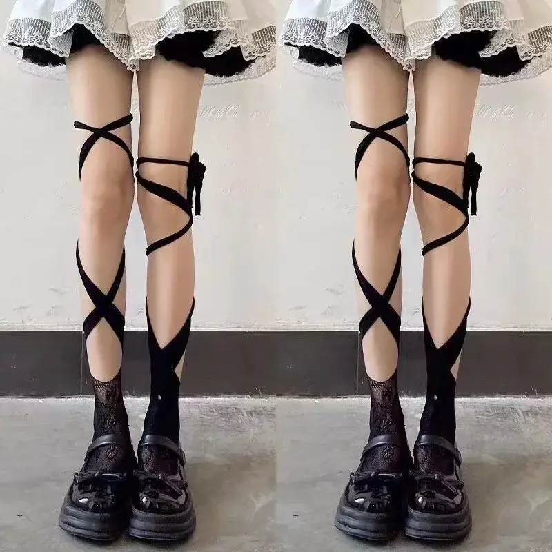 Sexy Tie Lace Fishnet Stockings Irregular Split-toe Calf Socks Women Middle Tube Socks Straps Summer Lace Long Japanese Socks