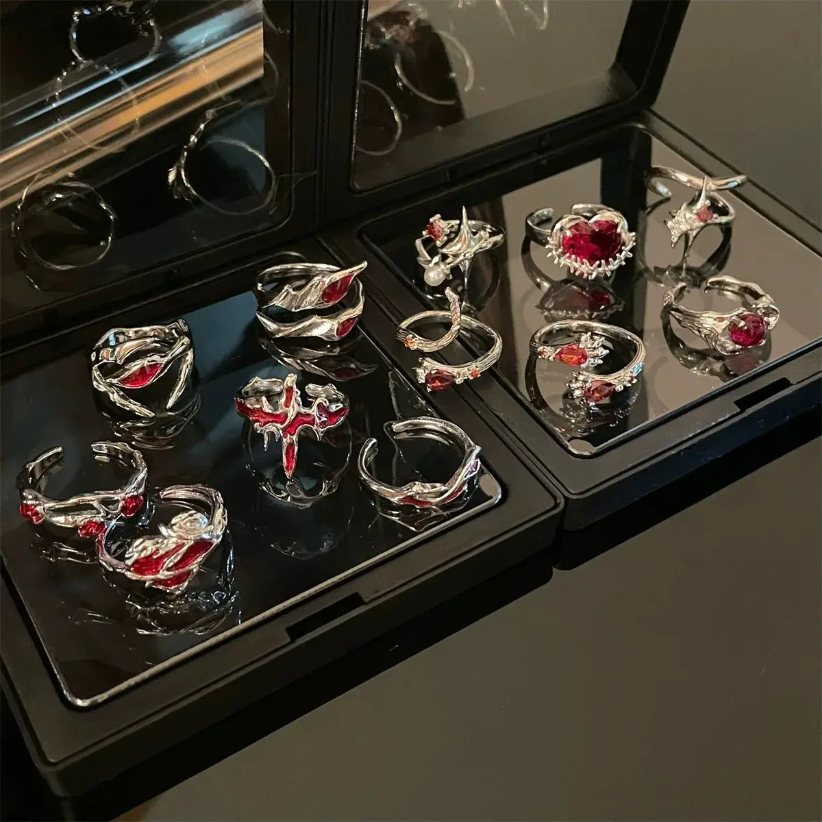 Goth Punk Retro Red Crystal Love Heart Cross Geometry Irregular Open Ring Set Y2K Halloween Accessories For Women Kpop Jewelry