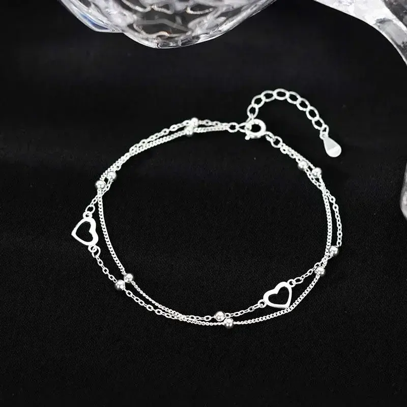 Korean Copper Double Love Heart Hollow Round Beads Bracelet Female Romantic Jewelry 925 Sterling Silver Women's Bracelet