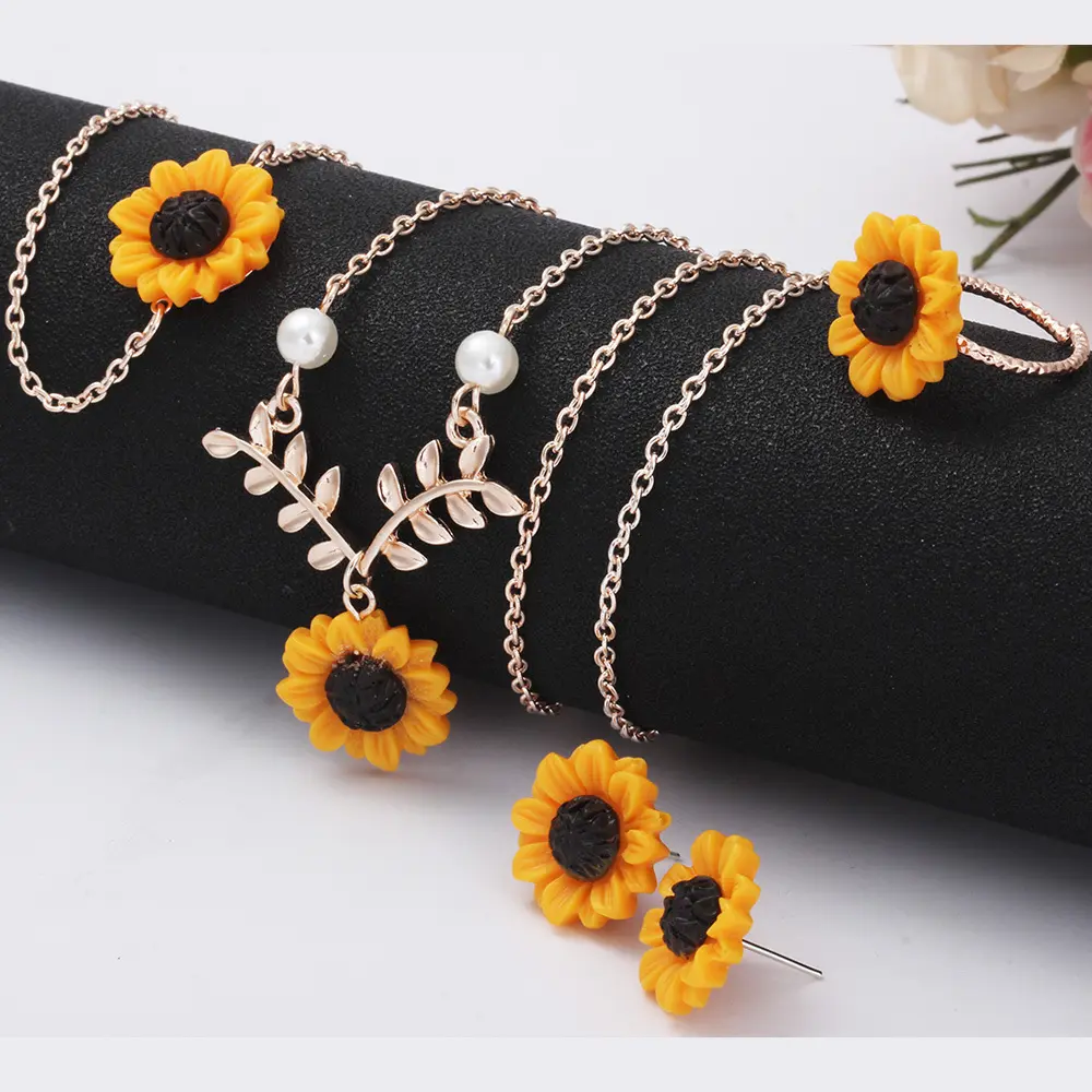 Cute Sweet Resin Flower Pendant Metal Leaves Chain Sunflower Necklace Bracelet Rings Earring Set Jewelry