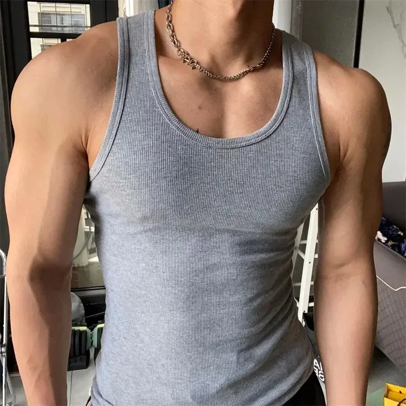 Vintage Stretch Round Neck Slim Tank Top Sleeveless T-Shirt Bottom Shirt Ribbed Camisoles Sports Sweat Tough Fitness Men Vest