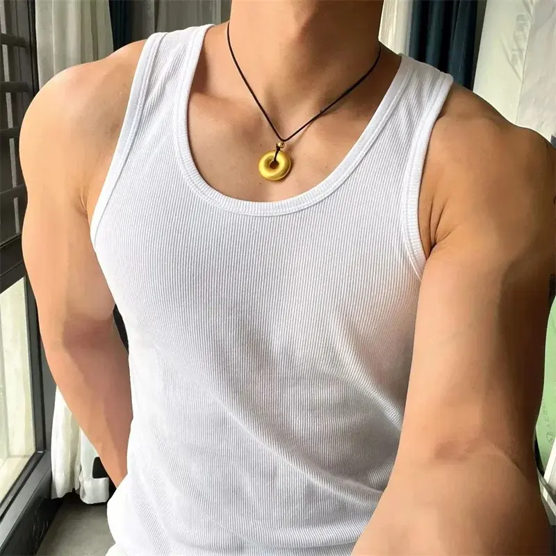 Vintage Stretch Round Neck Slim Tank Top Sleeveless T-Shirt Bottom Shirt Ribbed Camisoles Sports Sweat Tough Fitness Men Vest