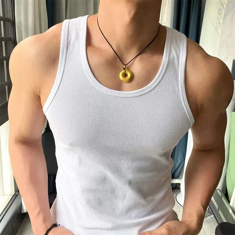 Vintage Stretch Round Neck Slim Tank Top Sleeveless T-Shirt Bottom Shirt Ribbed Camisoles Sports Sweat Tough Fitness Men Vest