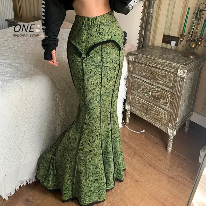 Vintage Fashion Elegant Green Trumpet Long Skirt Graphic Printed Lace Trim Y2K High Waist Skirt Women 2000s Aesthetic