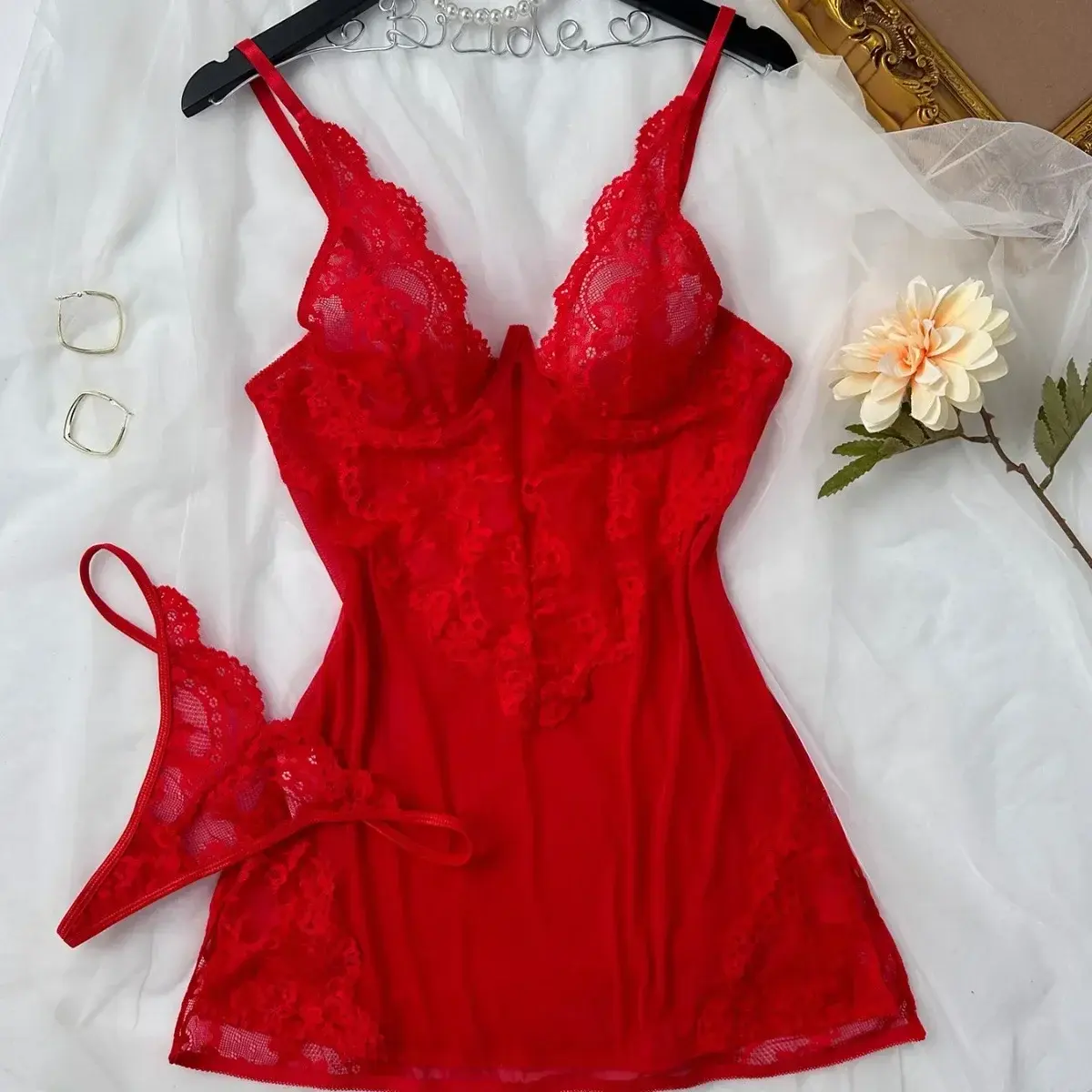 Autumn Winter Fashion Hollow Out Pajamas Dress Women's Sexy Mesh Perspective Lace Sleepwear Lingerie Set Female Solid Underwear