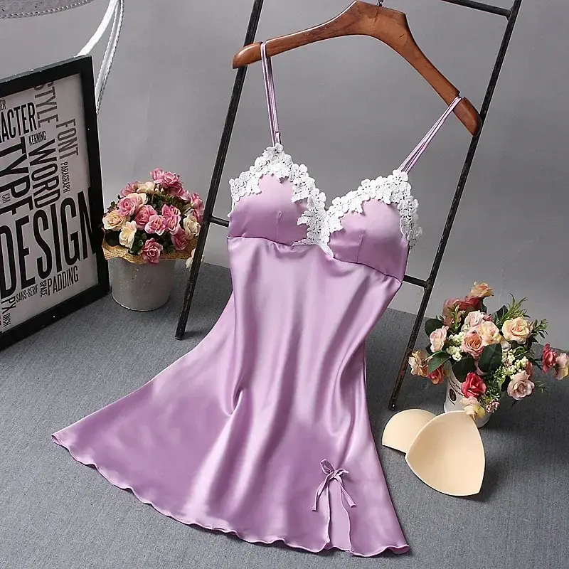 Hot Sexi Women Satin Sexy Bowknot Lace Lingerie Lencería Babydoll V-neck Sleepdress Underwear  Robes for Women Dress