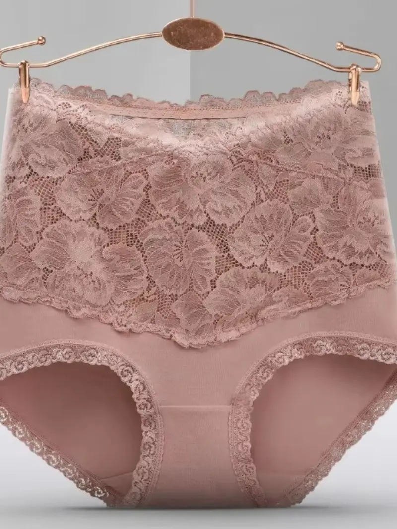 High Waist Large Size V-neck High Waist Underwear Women Cotton Lace Panties Hot Temptation Girls Belly Briefs