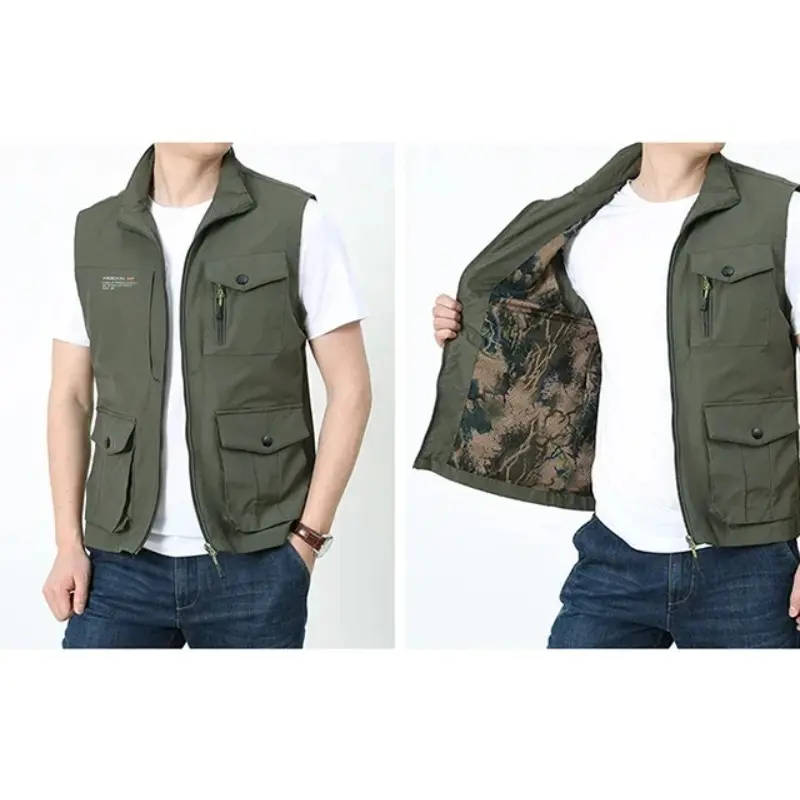 Men's Windproof Cardigan Coats Spring Fishing Stand-up Collar Multi-pocket Sleeveless Jacket Hunting Thermal Vest Clothing