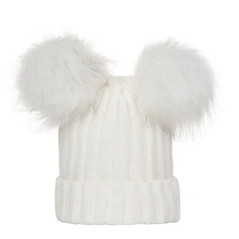 Winter Women Beanie Hats Faux Fur Ball Mother Kids Hats for Girls Boys Warm Knitted Bobbles Woman Cap Teenager Grils Beanies