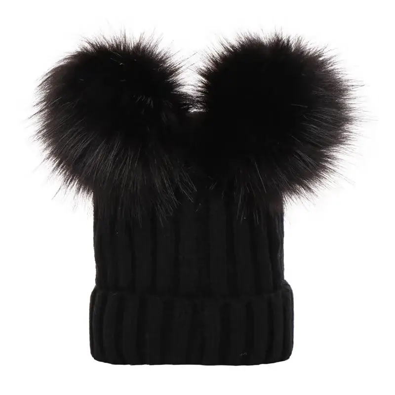 Winter Women Beanie Hats Faux Fur Ball Mother Kids Hats for Girls Boys Warm Knitted Bobbles Woman Cap Teenager Grils Beanies
