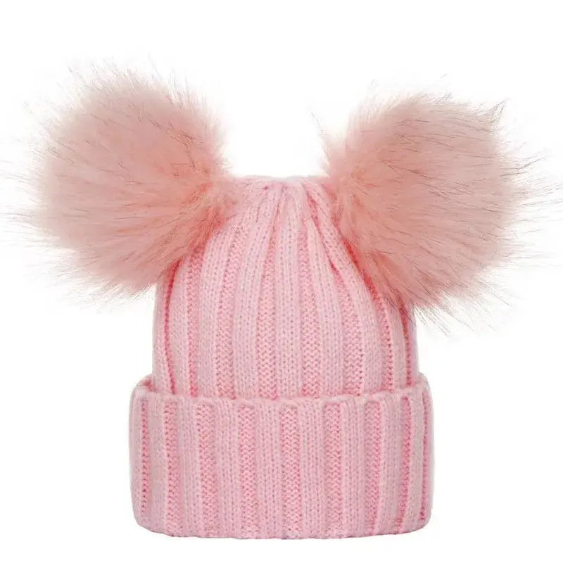 Winter Women Beanie Hats Faux Fur Ball Mother Kids Hats for Girls Boys Warm Knitted Bobbles Woman Cap Teenager Grils Beanies