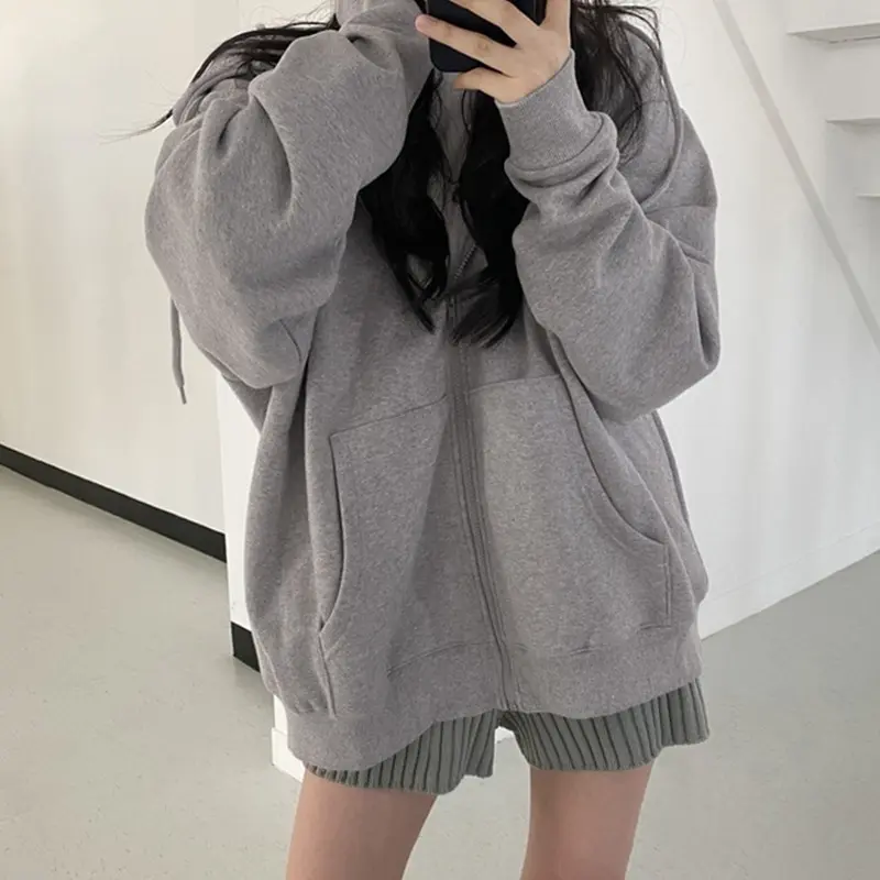 New Oversize Women Hoodies Casual Solid Zip Up Hooded Sweatshirt  Korean Loose Hoodie Thickening Plushing Jacket Coat