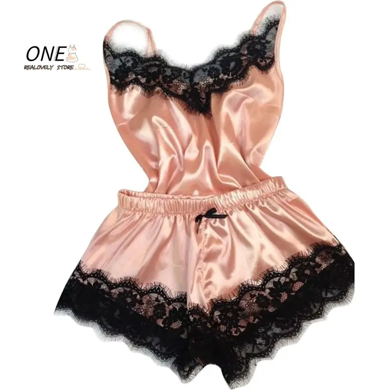 Women's Sleepwear Sexy Lace Satin Pajama Sets Nightwear Sleeveless Tops+Shorts 2 Pcs Sets Pyjama Sets For Women Pijama