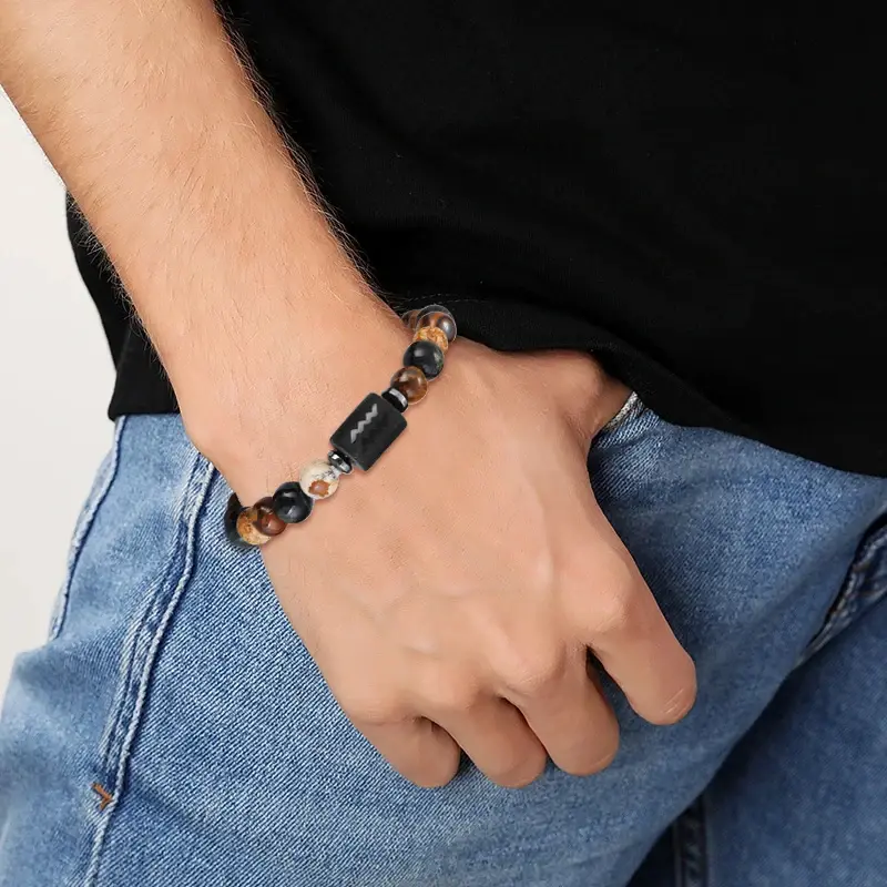 Natural Stone Tiger Eye Picture Jasper Round Beads 12 Constellation Bracelet for Men Women Virgo Leo Libra Gift Jewellery