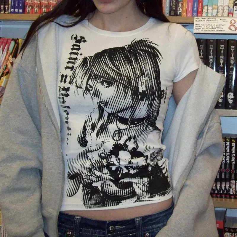 Y2k Anime Streetwear O-neck 90s Text Printing Tops Women Harajuku Clothes Simple Vintage Crop Tee Casual T-shirt for Women