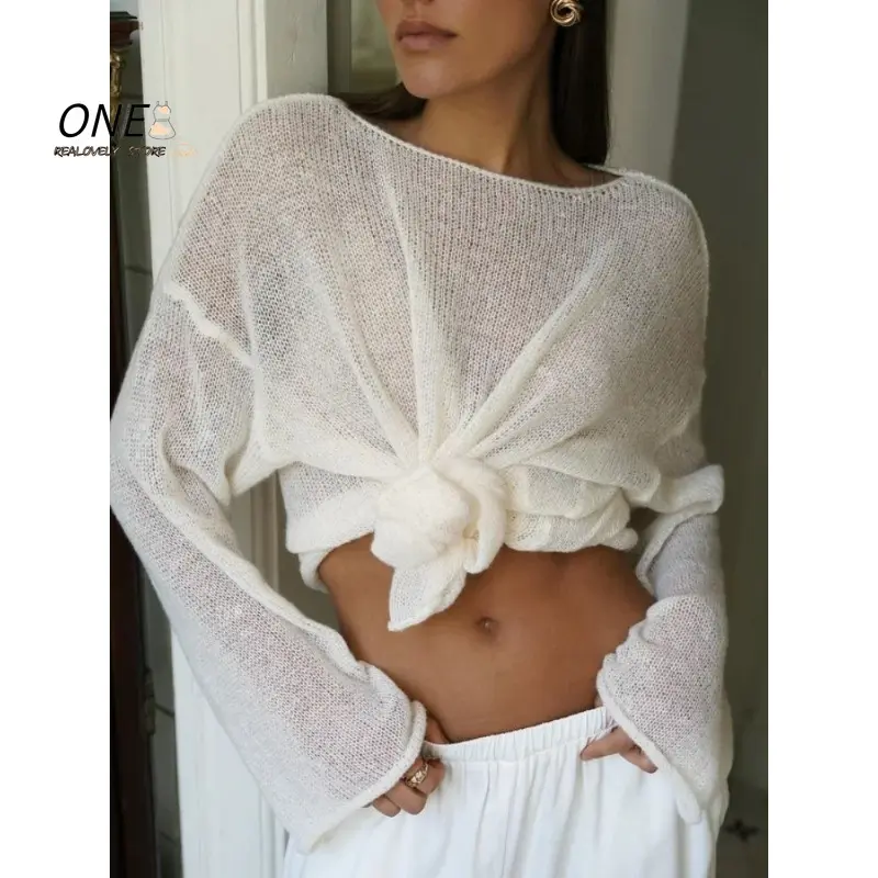 Elegant Hollow Out Knitted Pullovers Women O-neck Long Sleeve See Through Loose Jumper Summer Y2k Chic Lady Beach Sweater