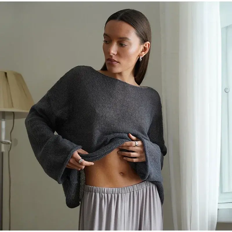 Elegant Hollow Out Knitted Pullovers Women O-neck Long Sleeve See Through Loose Jumper Summer Y2k Chic Lady Beach Sweater